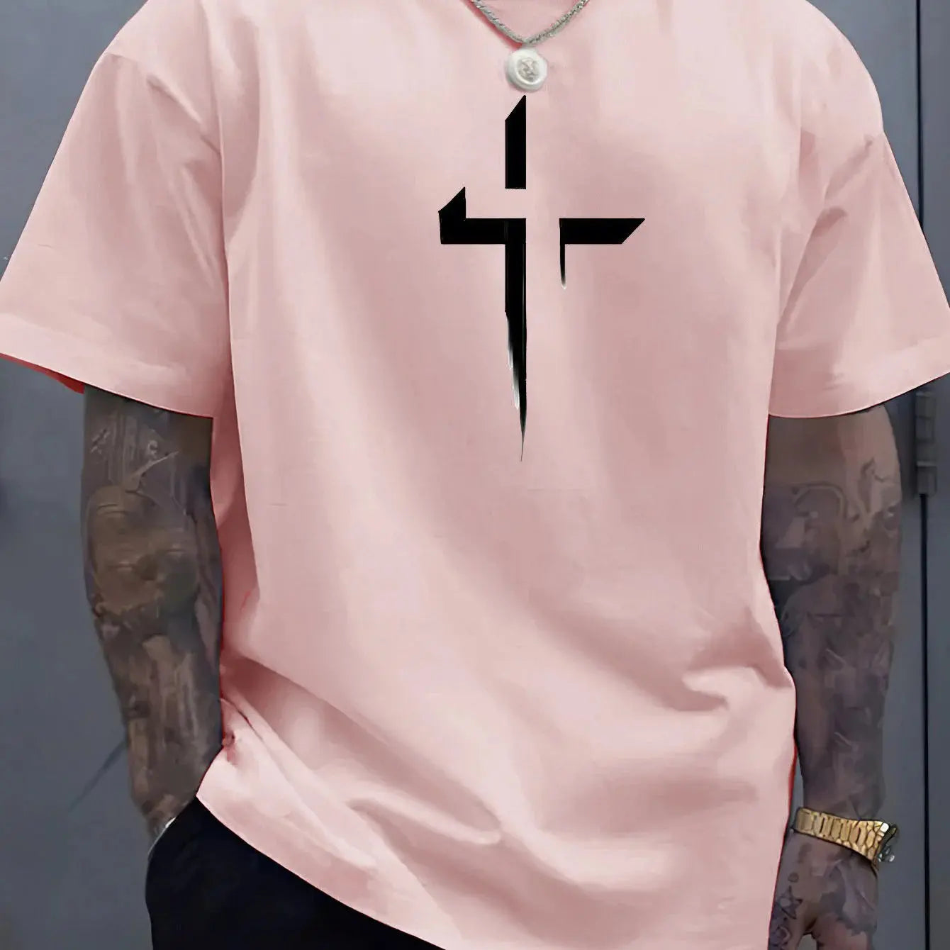 Men’s Cross Print Cotton T-Shirt – Loose Casual Summer Tee