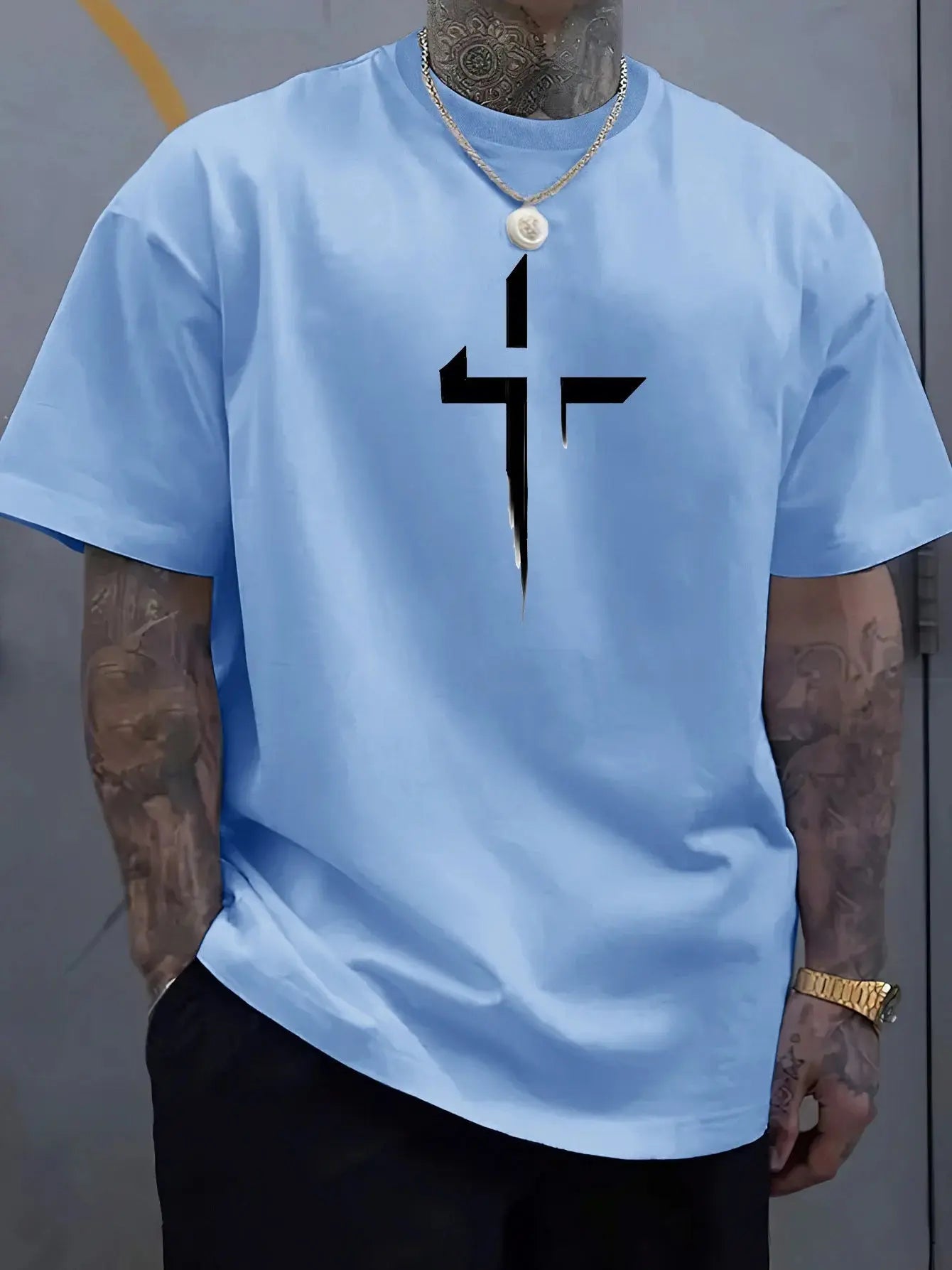 Men’s Cross Print Cotton T-Shirt – Loose Casual Summer Tee