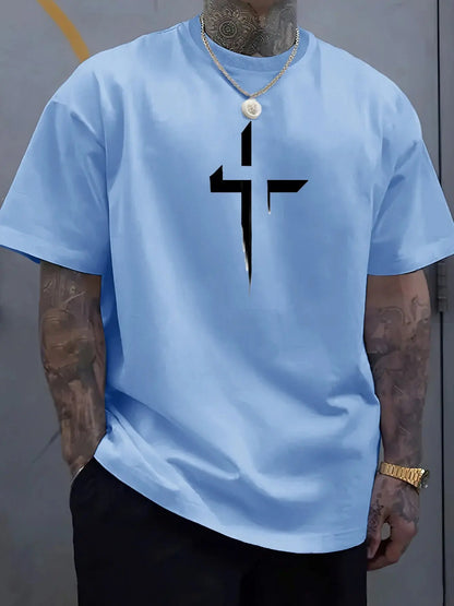 Men’s Cross Print Cotton T-Shirt – Loose Casual Summer Tee