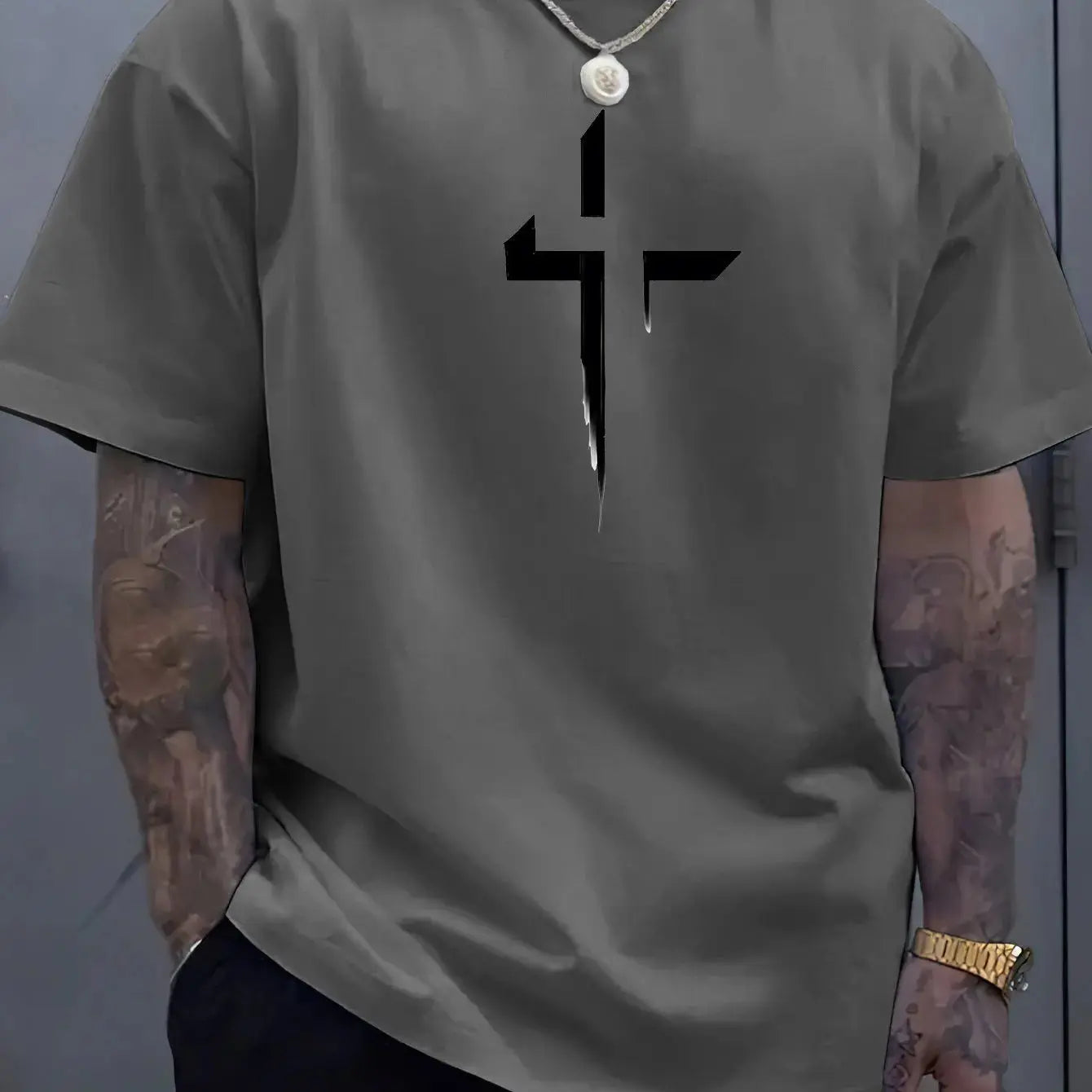 Men’s Cross Print Cotton T-Shirt – Loose Casual Summer Tee