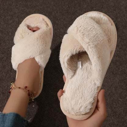 Women’s Fluffy Cross-Band Slippers – Soft & Cozy Indoor/Outdoor Footwear