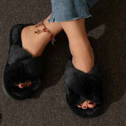 Women’s Fluffy Cross-Band Slippers – Soft & Cozy Indoor/Outdoor Footwear