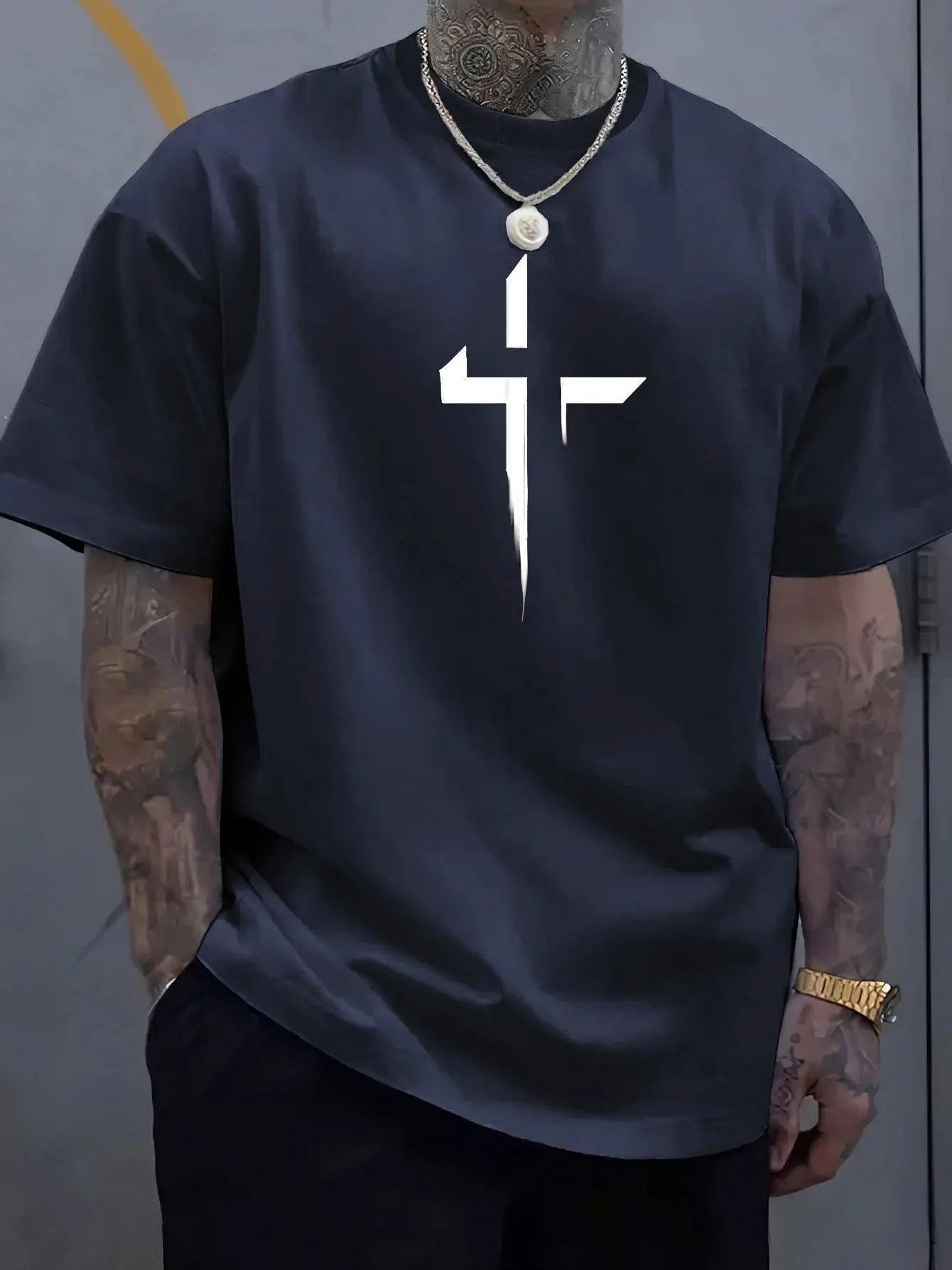 Men’s Cross Print Cotton T-Shirt – Loose Casual Summer Tee