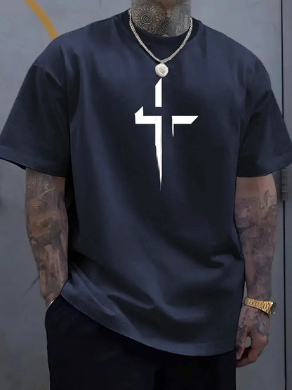 Men’s Cross Print Cotton T-Shirt – Loose Casual Summer Tee