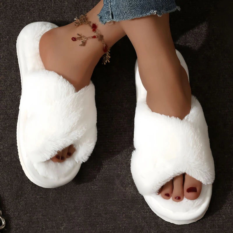 Women’s Fluffy Cross-Band Slippers – Soft & Cozy Indoor/Outdoor Footwear
