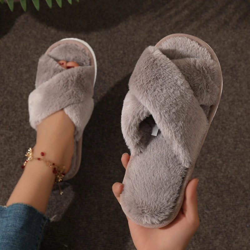 Women’s Fluffy Cross-Band Slippers – Soft & Cozy Indoor/Outdoor Footwear