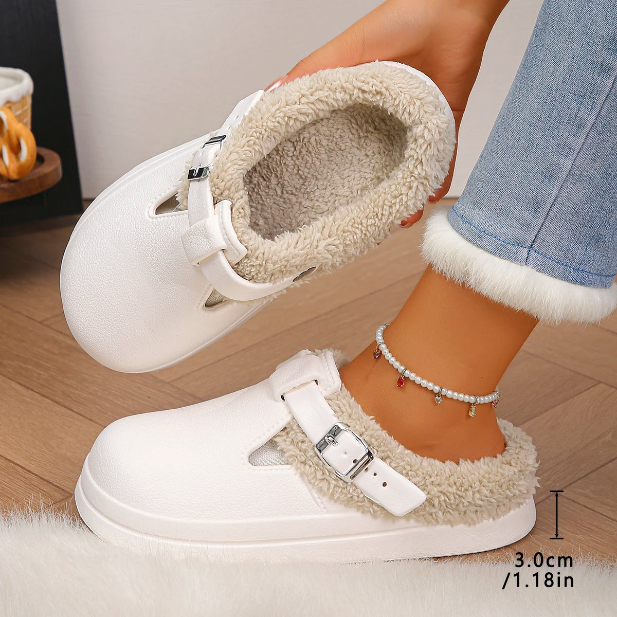Women’s Waterproof Furry Mules – Plush Winter Indoor Slippers