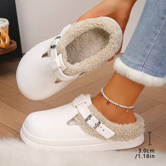 Women’s Waterproof Furry Mules – Plush Winter Indoor Slippers