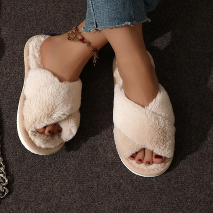 Women’s Fluffy Cross-Band Slippers – Soft & Cozy Indoor/Outdoor Footwear