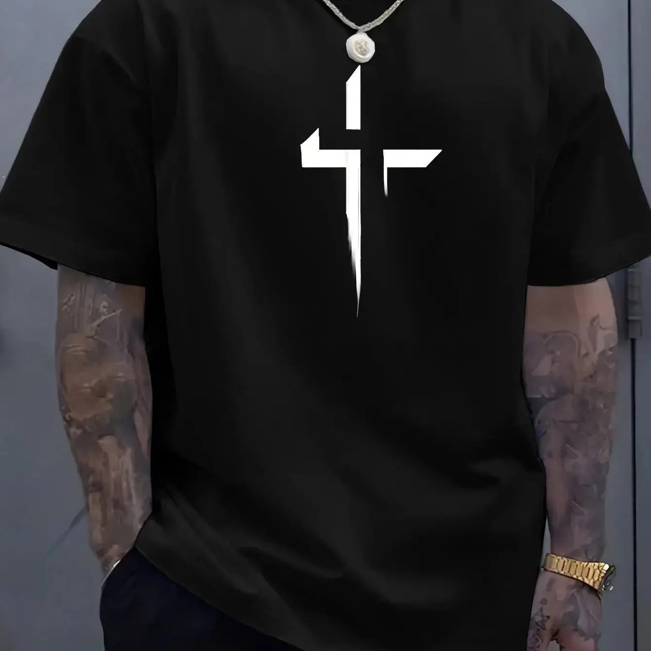 Men’s Cross Print Cotton T-Shirt – Loose Casual Summer Tee