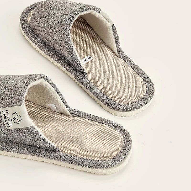 Linen Home Slippers – Breathable Open-Toe Comfort for Men & Women