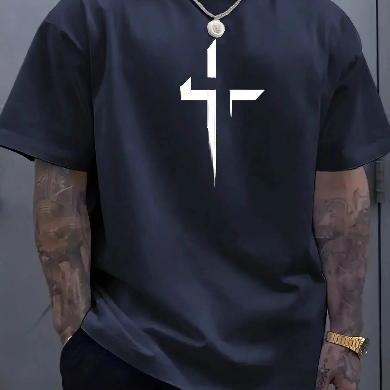 Men’s Cross Print Cotton T-Shirt – Loose Casual Summer Tee