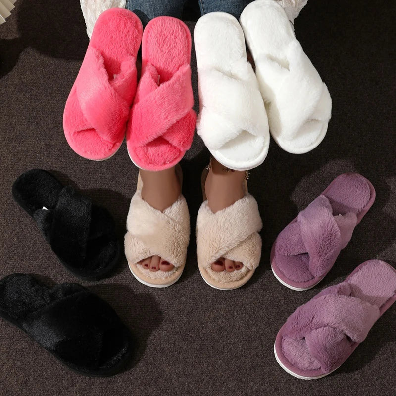Women’s Fluffy Cross-Band Slippers – Soft & Cozy Indoor/Outdoor Footwear