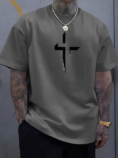 Men’s Cross Print Cotton T-Shirt – Loose Casual Summer Tee