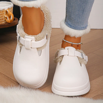 Women’s Waterproof Furry Mules – Plush Winter Indoor Slippers