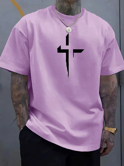 Men’s Cross Print Cotton T-Shirt – Loose Casual Summer Tee