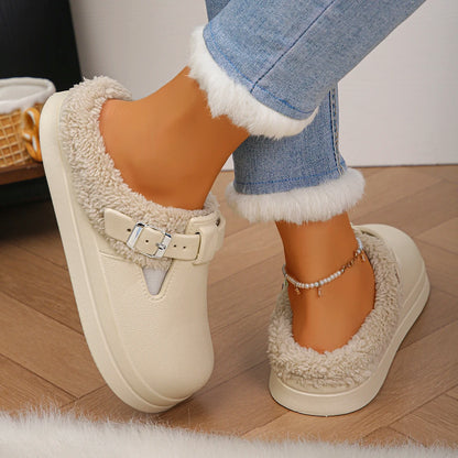 Women’s Waterproof Furry Mules – Plush Winter Indoor Slippers