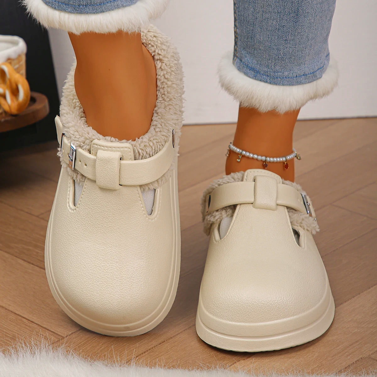 Women’s Waterproof Furry Mules – Plush Winter Indoor Slippers